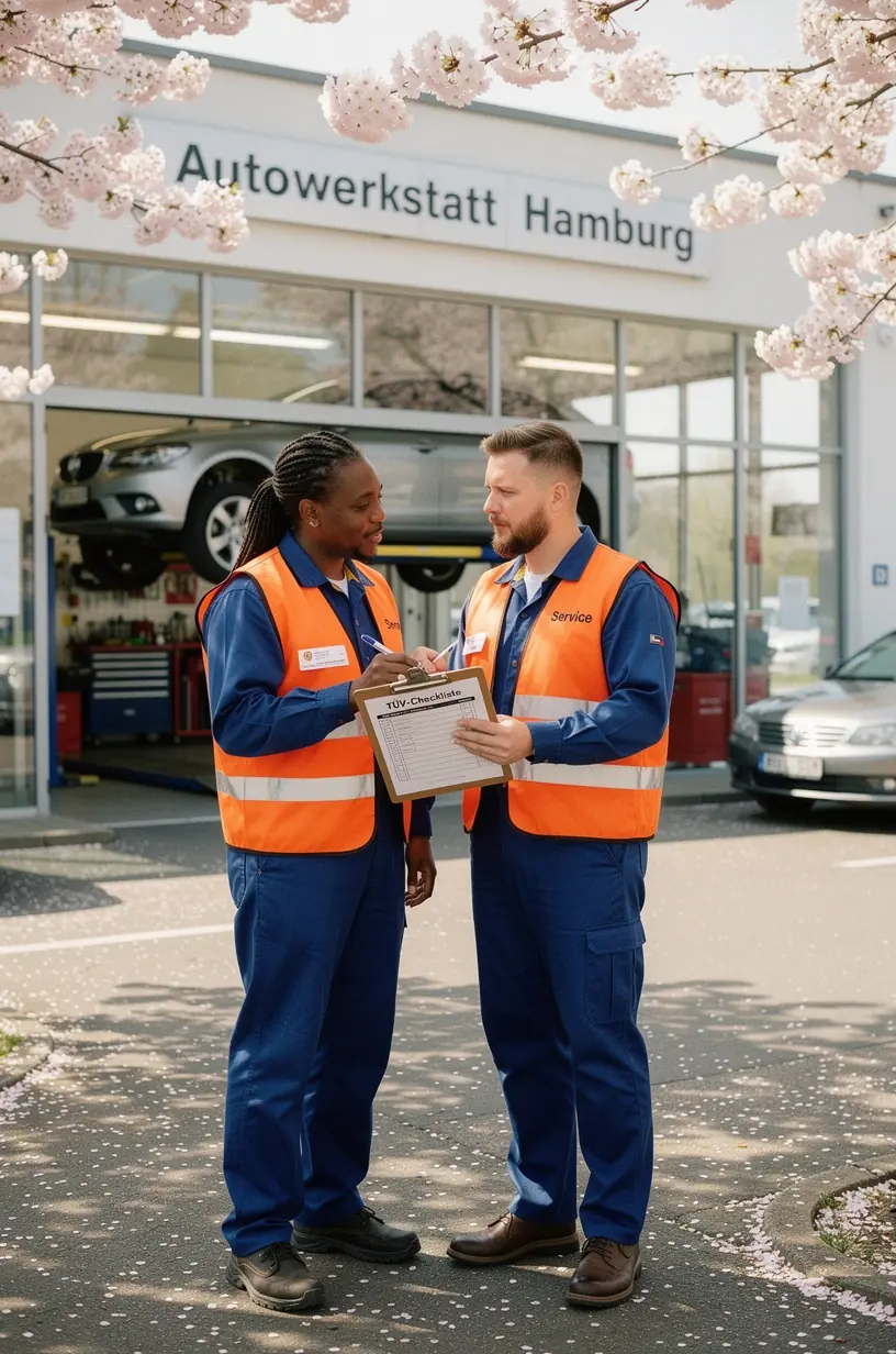 Hand eines Technikers misst den Ölstand im Auto als Teil der TÜV-Checkliste vor Inspektion.
